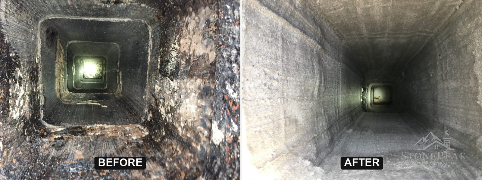 Chimney flue before and after a StonePeak sweep