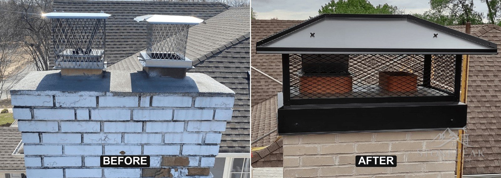 Chimney cap before and after a StonePeak installation